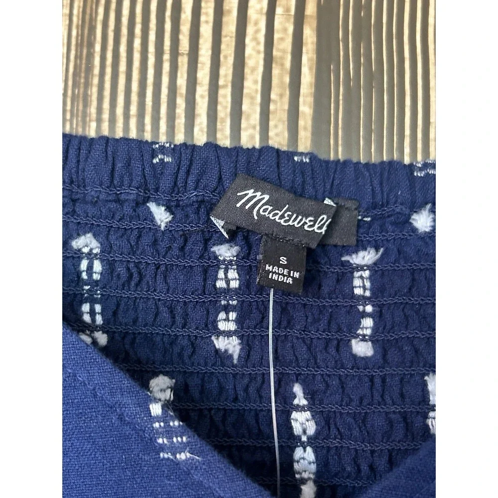 Madewell Womens Jacquard Puff Sleeve Babydoll Top Navy Embroidered Sz S NF205